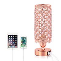 Yarra-Decor Crystal Bedside Rose Gold Table Lamp 3 Color Options Girl Lamps For Bedroom Modern Usb Nightstand Lamp With Rose Gold Crystal Shade Decorative Lamps For Living Room (Led Bulb Included)