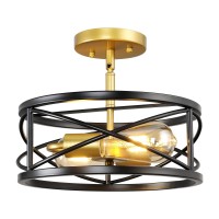 Karjearl Semi Flush Mount Ceiling Light Fixtures, 2-Light Modern Kitchen Ceiling Light Farmhouse Industrial Sloped Ceiling Lighting With For Metal Drum Cage Hallway Bedroom Stair, Black And Gold