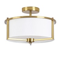 Bargeni Semi Flush Mount Ceiling Light 13Inch Drum Ceiling Light Fixture Antique Brass Finish With Fabric Hardback Shade Light