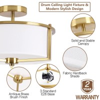 Bargeni Semi Flush Mount Ceiling Light 13Inch Drum Ceiling Light Fixture Antique Brass Finish With Fabric Hardback Shade Light