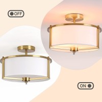 Bargeni Semi Flush Mount Ceiling Light 13Inch Drum Ceiling Light Fixture Antique Brass Finish With Fabric Hardback Shade Light