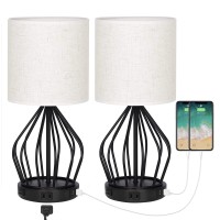 Haitral Table Lamps With Usb Ports And Outlet- Hollowed Out Base Bedside Lamps Set Of 2 With Dual Usb And Ac Outlet, Black Modern Lamps For Bedroom, Dorm, Guest Room, Living Room