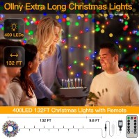 Ollny Christmas Lights Outdoor String Lights Plug In 400Led/132Ft With Remote Extra Long Waterproof Multi-Colored Timer 8 Lighting Modes For Thanksgiving Xmas Holidays Indoor Outdoor Decorations