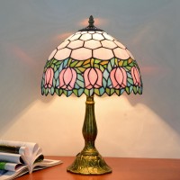 Blivuself Tiffany Lamp Stained Glass Lamp Pink Tulip Bedroom Table Lamp Reading Desk Light For Bedside Living Room Office Dormitory Dining Room Decorate Housewarming Gift 12X12X18 Include Light Bulb