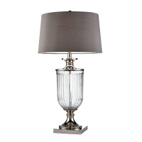 Benjara Table Lamp With Glass Pedestal Base And Fabric Shade, Silver