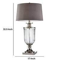 Benjara Table Lamp With Glass Pedestal Base And Fabric Shade, Silver