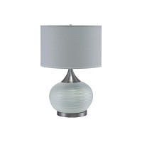 Style up your living space with a contemporary touch by bringing in this sophisticated table lamp Featuring a pot bellied ceramic body it showcases stylish horizontal textured details with metal accents It is incorporated with a fabric drum shade that use