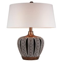 Benjara Table Lamp With Curved Paneled Polyresin Base, Brown