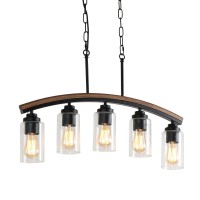 Voguad Farmhouse Kitchen Island Pendant Lighting With Glass Shades, 5-Light Over Sink Light Fixture, Rustic Wooden Chandelier Hanging Ceiling Light For Dining Room, Living Room