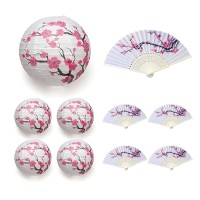 5Pcs Chinese Japanese Cherry Design Paper Lamp For Shade And 5Pcs Silk Folding Hand Fan For Church Wedding Gift Party Favors Diy