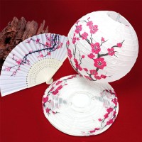 5Pcs Chinese Japanese Cherry Design Paper Lamp For Shade And 5Pcs Silk Folding Hand Fan For Church Wedding Gift Party Favors Diy