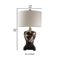 Benjara Polyresin Urn Shape Table Lamp With Floral Foliage Pattern, Brown