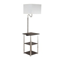 Benjara 2 Shelf Wooden Side Table With Attached Floor Lamp, Silver And Brown