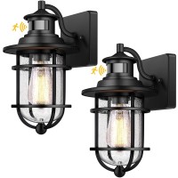 Set Of 2 Motion Sensor Outdoor Wall Lantern Dusk To Dawn Waterproof Exterior Wall Sconce With Seeded Glass Black Wall Mount Light Fixture For Porch Doorway Garage, E26 Socket, Motion Activated