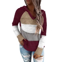 Blencot Womens Lightweight Color Block Hooded Sweaters Drawstring Long Sleeve Hoodies Knitted Pullover Sweatshirts Red 3Xl