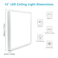 12Inch 24W Square Led Ceiling Light Fixtures Flush Mount, 5000K Daylight White Led Ceiling Lamp, Surface Mount Modern Ceiling Lights, Slim Flat Panel Lighting For Bedroom, Kitchen, Bathroom Etc.