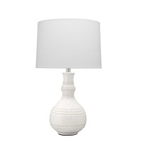 Giving the most elegant and artistic vibe this table lamp gleams with beauty Depicting teardrop shaped body with raised circles it is topped with a round fabric shade which allows the light to filter through it perfectly With 8 inch cord included it works