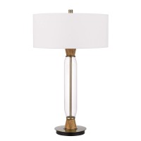 Emblaze the aesthetics of your interior by bringing in this contemporary style inspired Table Lamp which comes with a round fabric drum shade Incorporated with wood and glass accent base it is sure to be a remarkable addition to your place