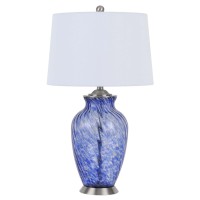 Table Lamp With Drum Shade And Glass Jar Base, White And Blue