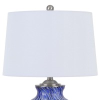 Table Lamp With Drum Shade And Glass Jar Base, White And Blue