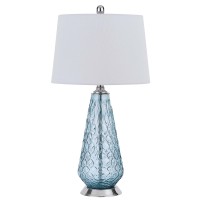 Benjara Table Lamp With Tear Drop Pattern Glass Base, White And Blue