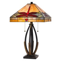 Table Lamp With Tiffany Shade And Dragonfly Accent, Multicolor