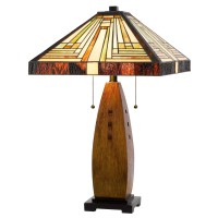 Table Lamp With Tiffany Shade And Faux Wood Appeal, Multicolor