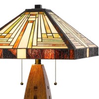 Table Lamp With Tiffany Shade And Faux Wood Appeal, Multicolor