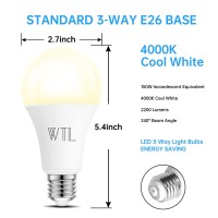 3 Way Light Bulbs 50 100 150W, 3-Way Led Light Bulbs 4000K Cool White 6W/14W/20W A21 E26 Base Led Bulb For Desk, Floor, Table Lamps, Dimmable, No Flicker, 4 Pack