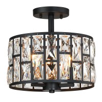 Mexo Farmhouse Crystal Round Semi Flush Mount Close To Ceiling Light Fixture Drum Shade 3Lt Ceiling Lamp For Kitchen Island Din