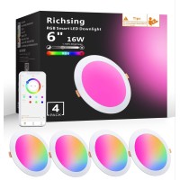 Richsing Smart Recessed Lighting 6 Inch Control With App, 16W 5000K High Brightness Color Changing Rgbw Dimmable Smart Canless Led Recessed Lights Wi-Fi Downlight With Junction Box, 4 Pack