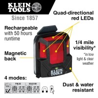 Klein Tools 56063 Rechargeable Safety Light With Magnet, Red, Mounts To Klein Hard Hats And Safety Helmets