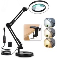 10X Magnifying Glass With Light And Stand, Veemagni 2-In-1 Real Glass Magnifying Desk Lamp & Clamp, 3 Color Modes Stepless Dimmable Led Lighted Magnifier With Light For Hobby Crafts Repair Close Works