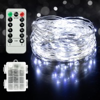 Twinkle Star Christmas Fairy Lights Battery Operated, 33Ft 100 Led Waterproof Silver Wire String Light, Remote Control & 8 Modes Indoor Outdoor Xmas Tree Wedding Party Decorations, White, 1 Pack