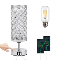 Touch Control Usb Crystal Table Lamp, Silver Dimmable Table Lamp With 2 Usb Charging Ports&Crystal Lampshade,Bedside Light, Modern Nightstand Lamp For Study Room,Office, Living Room(Bulb Included)