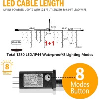 Christmas Lights Outdoor 1280 Led 131Ft Ice Lights For Outside Clear Wire 8 Modes Plug In 240 Drops Ice String Lights With Tim