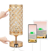 Crystal Table Lamp With 2 Usb Ports, 3 Way Dimmable Nightstand Lamp With Gold Crystal Lampshade, Touch Control Bedside Light For Bedroom Living Room Kids Room(Bulb Included)