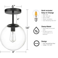 Globe Semi Flush Mount Ceiling Light Clear Glass Globe Ceiling Light Matte Black Finish Contemporary Mid Century Modern Style Lighting Fixture Hallway Living Room Kitchen Bedroom Storage (Bulb Incl.)