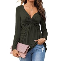 Tankaneo Women Vneck Front Knotted Blouse Shirt Long Sleeve Elegant Casual Tshirt Solid Color Pullover Tops