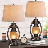 Farmhouse Table Lamps For Living Room Set Of 2, 3-Way Dimmable Bedside Touch Lamps With Led Lantern Nightlight, Bedroom Nightstand Lamps For End Table, Usb Port&Bulbs Included, Rustic Decor