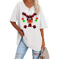 Womens Christmas Buffalo Plaid Reindeer Print Oversized T Shirts V Neck Tees Half Sleeve Merry Christmas Tunic