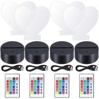 4 Pieces 3D Night Light Led Lamp Base With 4 Pieces Clear Acrylic Sheets 4 Pieces Remote Controls And 4 Pieces Charging Cables Adjustable 16 Colors 4 Modes For Child Room Bar (Heart Style)