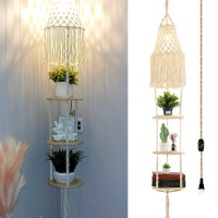 Qiyizm Boho Plug In Pendant Light Hanging Light With Plug In Cord,Dimmable Switch,Hanging Lamp Macrame Lamp Shade And Hanging Plant Holder Shelf Indoor For Bohemian Decor Bedroom Corner Living Room