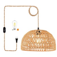 Plug In Pendant Light Rattan Hanging Lights With Plug In Cord Wicker Hanging Lamp With Woven Bamboo Basket Lamp Shade,Dimmable Switch,Boho Plug In Ceiling Light Fixtures For Kitchen,Farmhouse,Bedroom