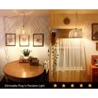 Plug In Pendant Light Rattan Hanging Lights With Plug In Cord Wicker Hanging Lamp With Woven Bamboo Basket Lamp Shade,Dimmable Switch,Boho Plug In Ceiling Light Fixtures For Kitchen,Farmhouse,Bedroom