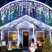 Ollny Icicle Lights Outdoor 396Led 32Ft, Cool White Christmas Light With 8 Modes Timers Remote Waterproof, Plug In Connectable Hanging Lights For Outside House Roof Holiday