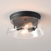 Globe Electric 44777 Aleyna 2Light Outdoor Flush Mount Ceiling Light Matte Black Clear Glass Shade Bulb Not Included