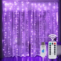 Home Lighting Window Curtain String Lights, 300 Led 8 Lighting Modes Fairy Copper Light With Remote, Usb Powered For Halloween Christmas Bedroom Party Wedding Home Garden Wall Decorations, Purple