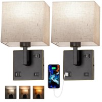 Avv Wall Sconce Lighting Bedside Wall Mount Light With Usb Port Ac Outlet And 3 Color 2700K4000K5000K Selectable Fabric Lin