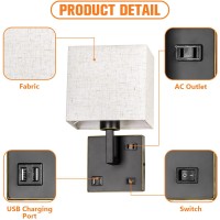 Avv Wall Sconce Lighting Bedside Wall Mount Light With Usb Port Ac Outlet And 3 Color 2700K4000K5000K Selectable Fabric Lin